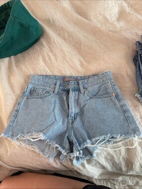 Just USA Washed Blue High-Rise Frayed Denim Shorts